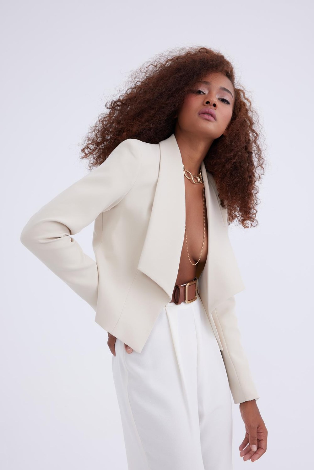 Şal Yaka Blazer Crop Ceket - Taş