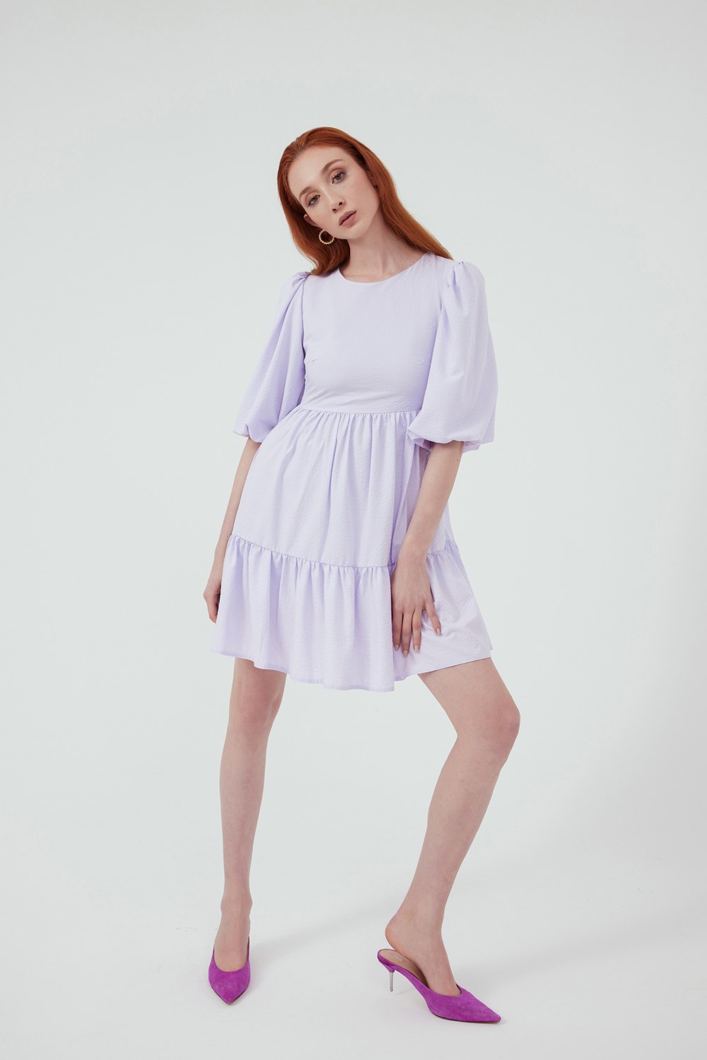 Salaş Gofre Mini Elbise - Lila