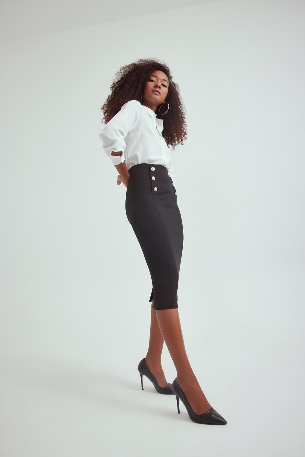 Düğme Aksesuarlı Kalem Etek - Siyah