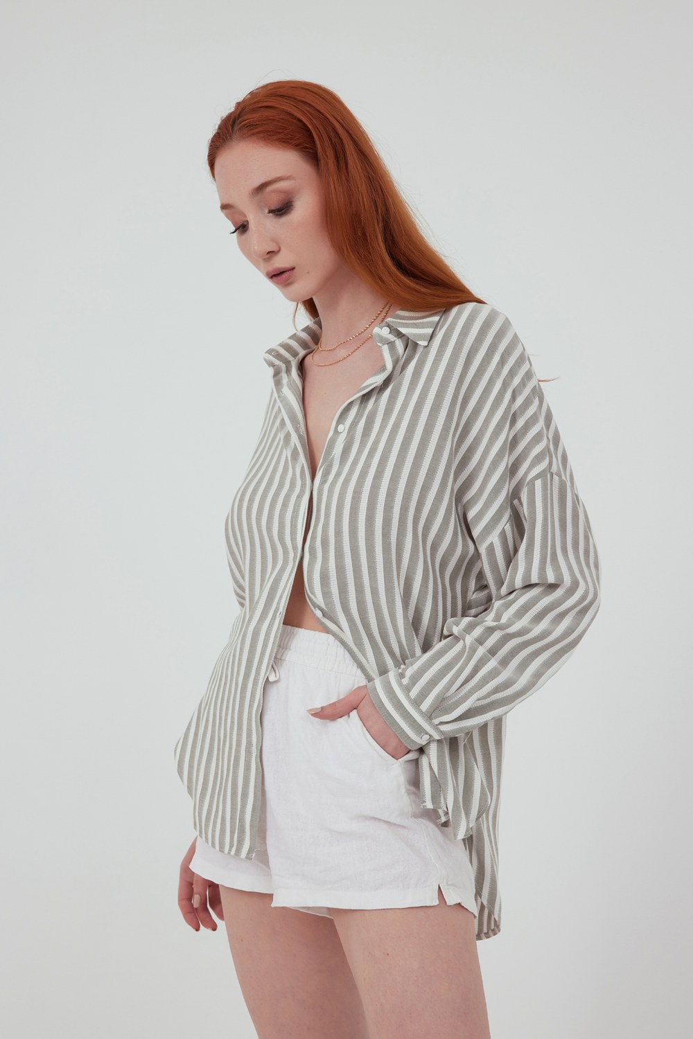 Çizgili Oversize Gömlek - Haki