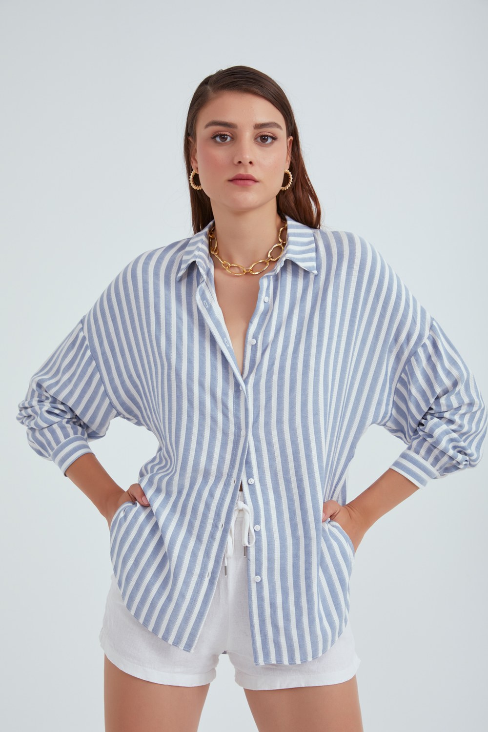 Çizgili Oversize Gömlek - İndigo
