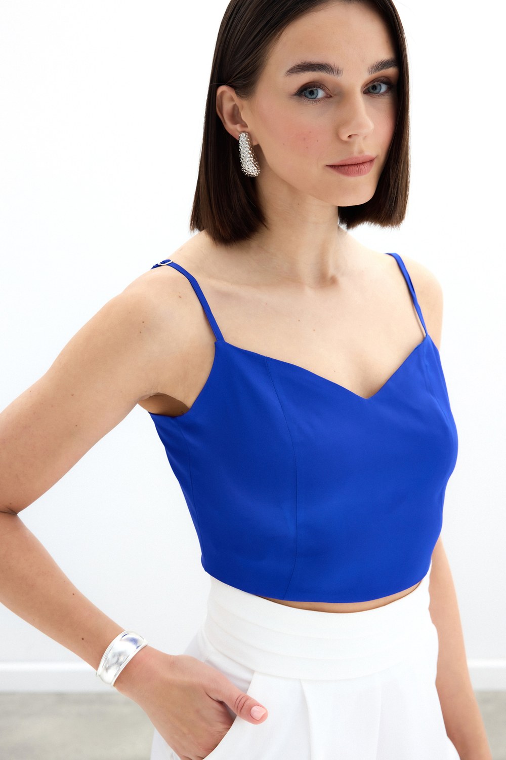 İp Askılı Saten Crop Bluz - Sax Mavi