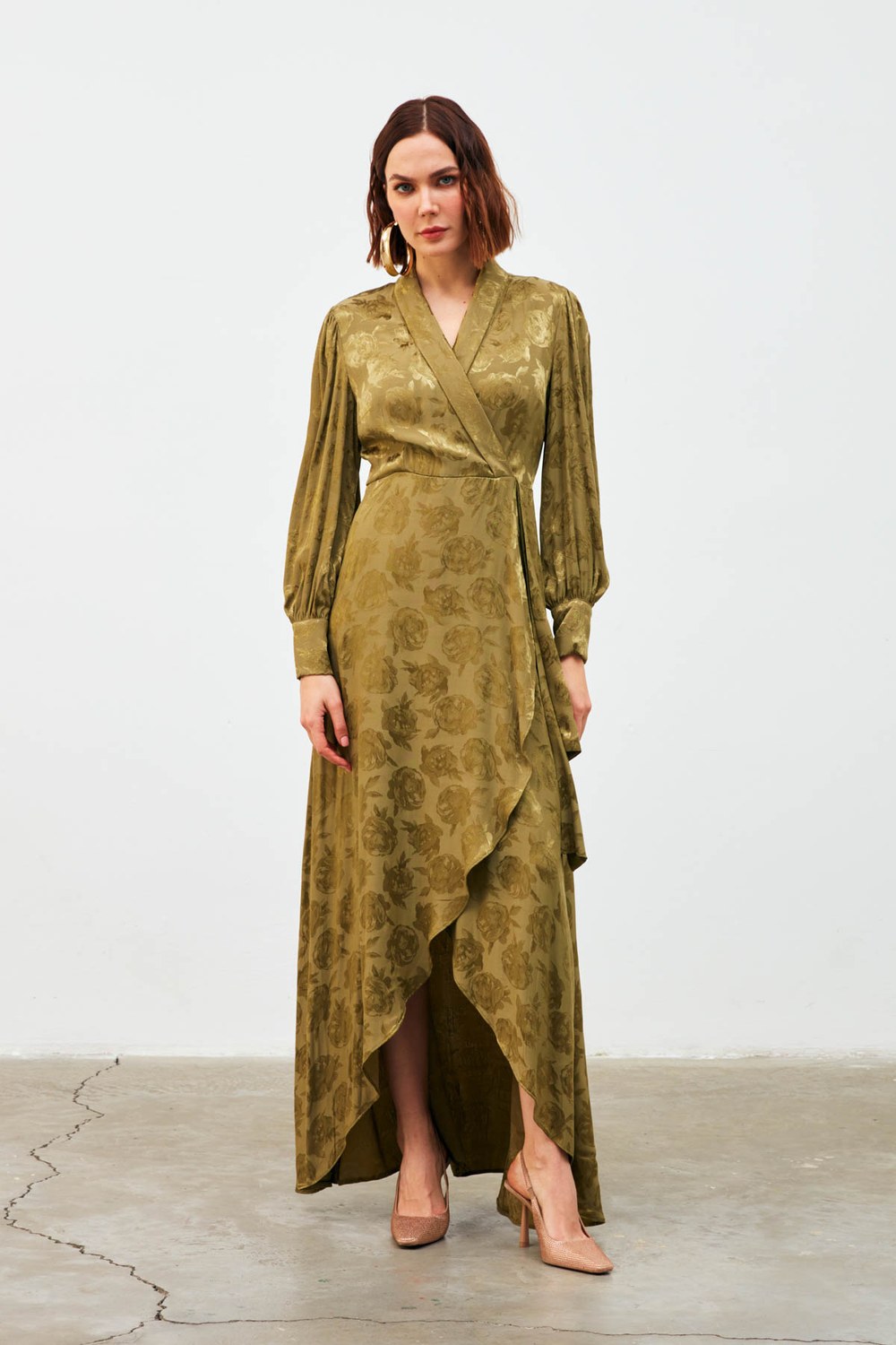 Kruvaze Desenli Uzun Elbise - Haki