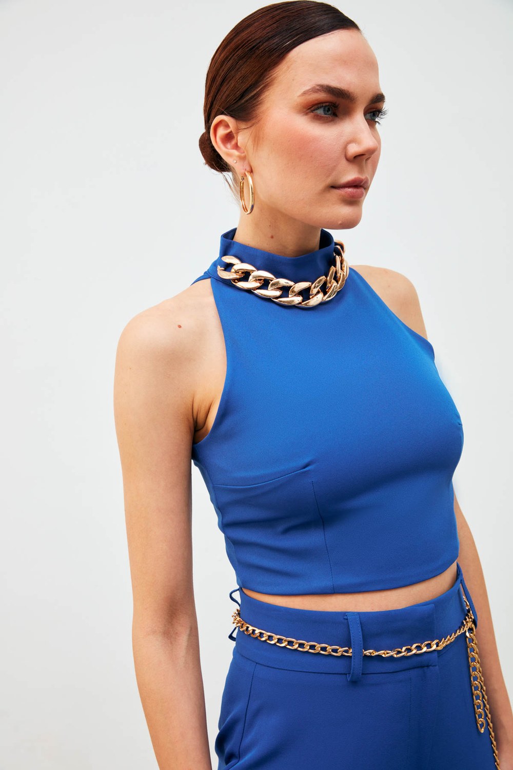 Zincir Aksesuarlı Crop Bluz - Sax Mavi
