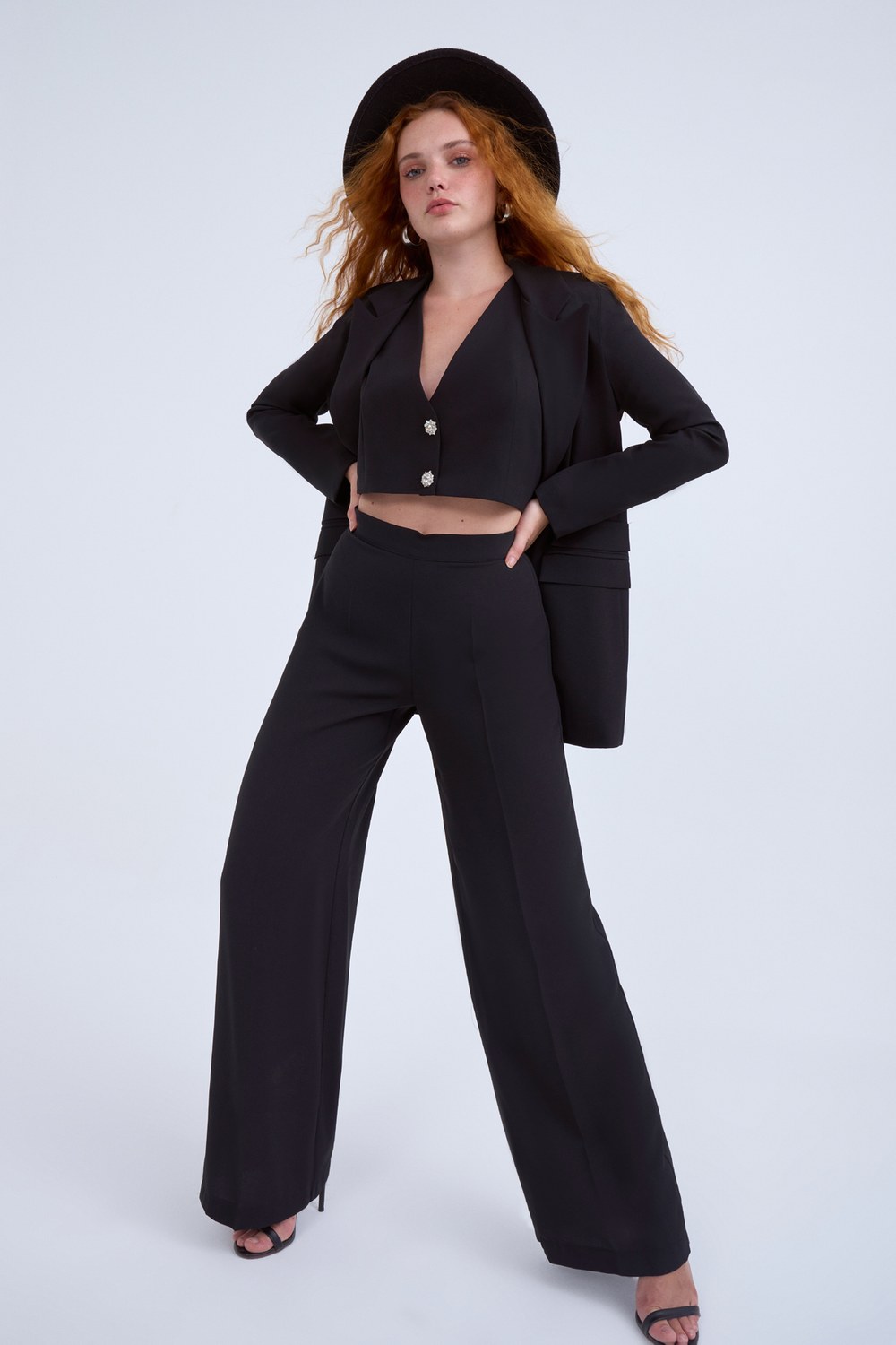 Wide Leg Krep Pantolon - Siyah