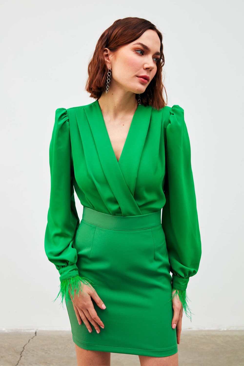 Kol Tüy Detaylı Bodysuit Bluz - Yeşil
