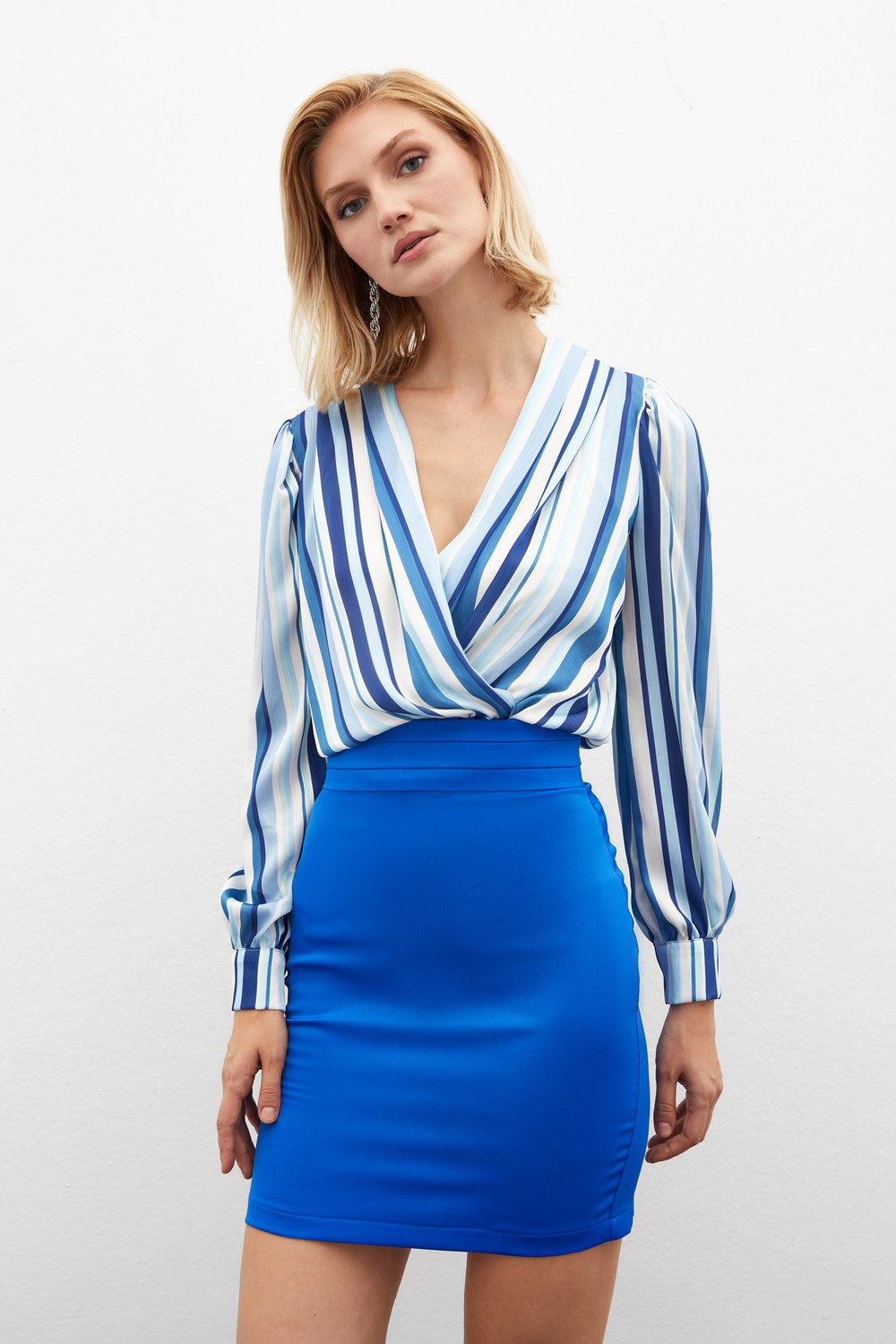Çizgili Bodysuit Bluz - İndigo