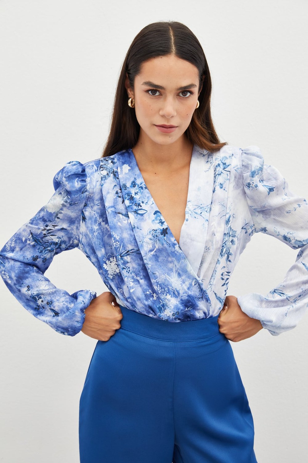 Çiçek Desenli Bodysuit Bluz - İndigo