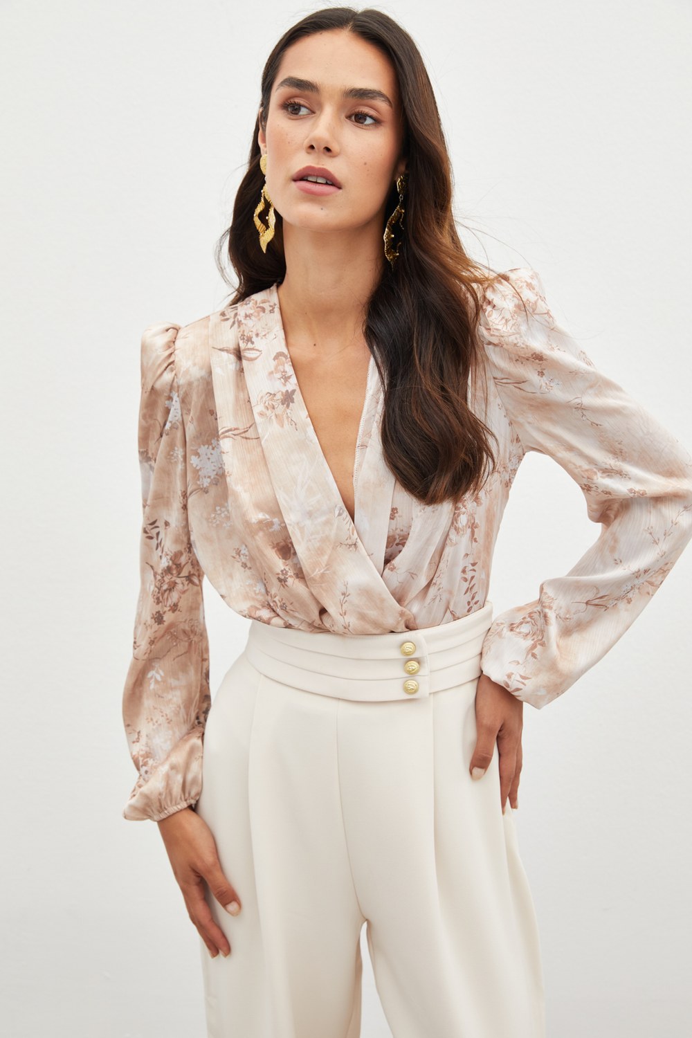 Çiçek Desenli Bodysuit Bluz - Camel