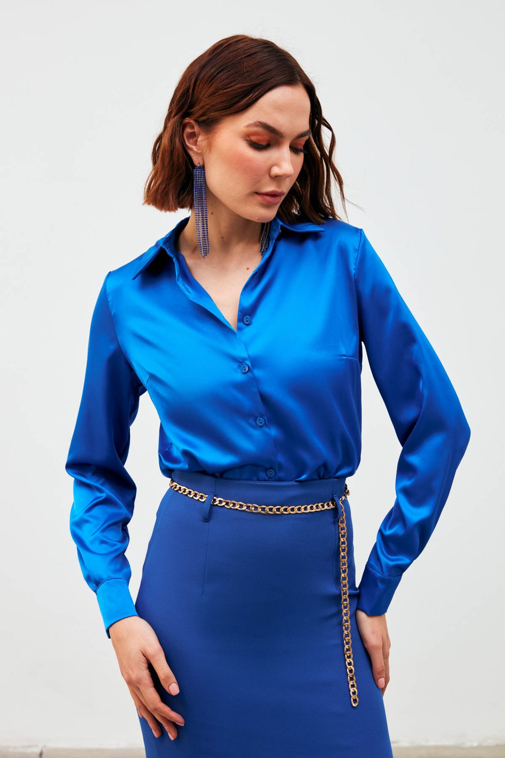 Gömlek Yaka Saten Bodysuit Bluz - Sax Mavi
