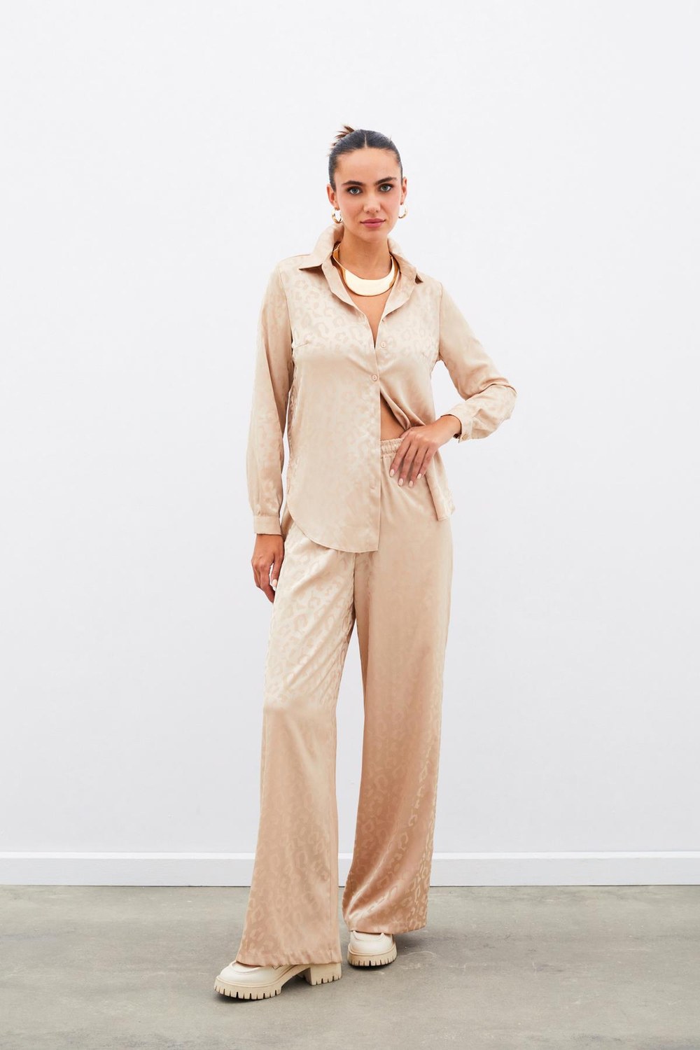 Bel Lastikli Desenli Pantolon - Camel