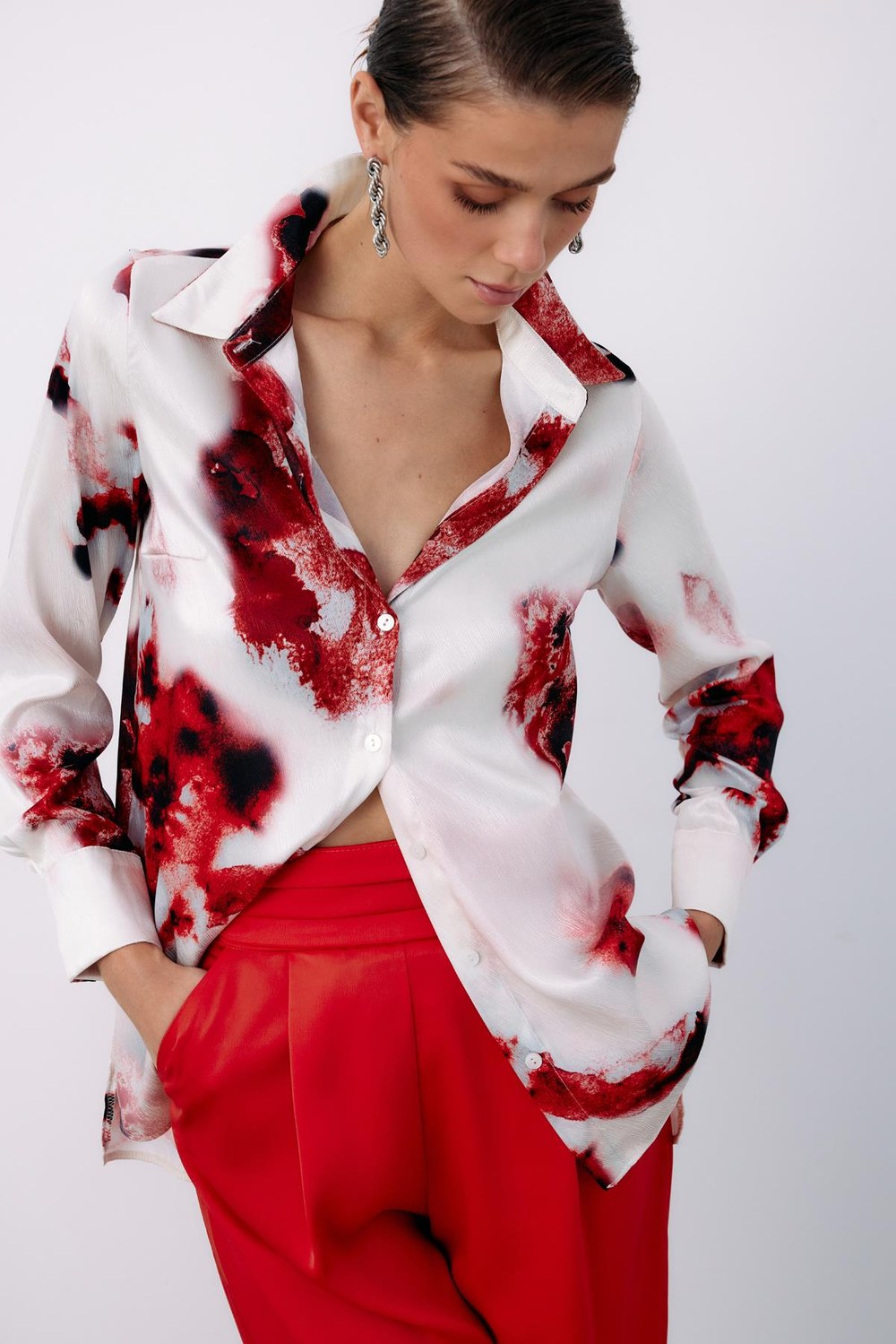 Desenli Geniş Klasik Gömlek - Kırmızı