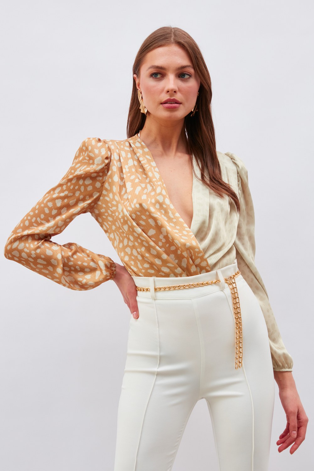 Kruvaze Desenli Bodysuit - Bej-Camel