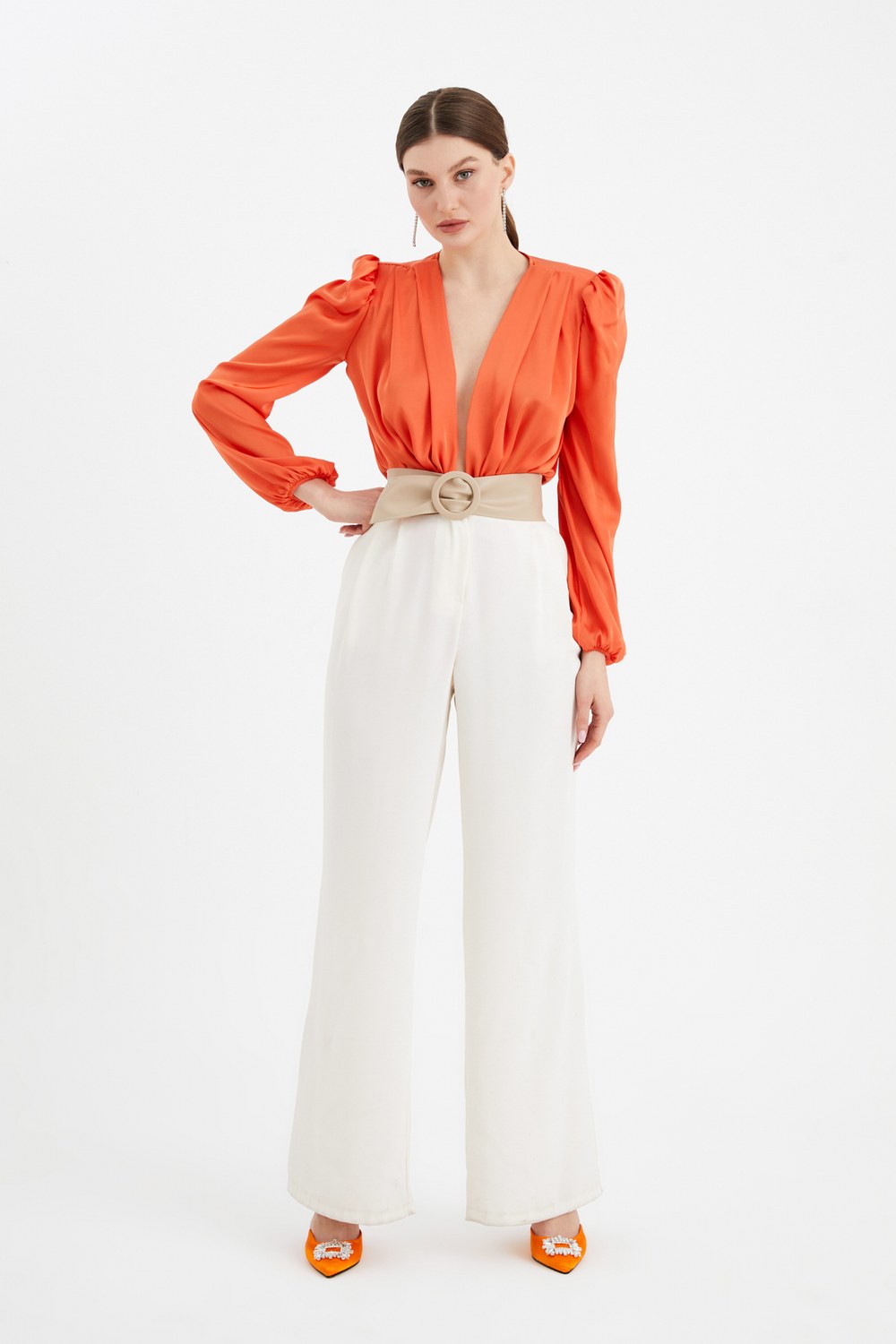 Kruvaze Saten Bodysuit Bluz - Oranj