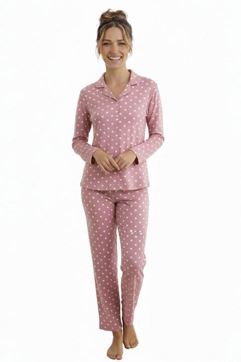 Uzun Kol Düğmeli Pijama Takımı
