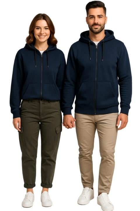 Unisex Kanguru Cepli Kapşonlu Fermuarlı Hırka - Lacivert