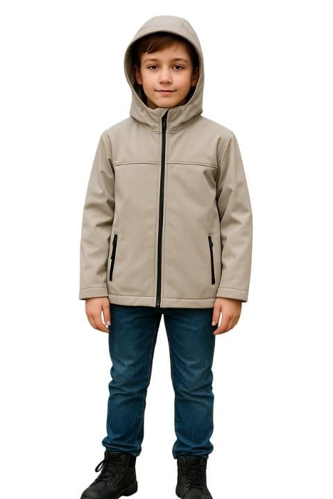 Softshell Yağmur Rüzgar Geçirmez Erkek Çocuk Mont-Bej