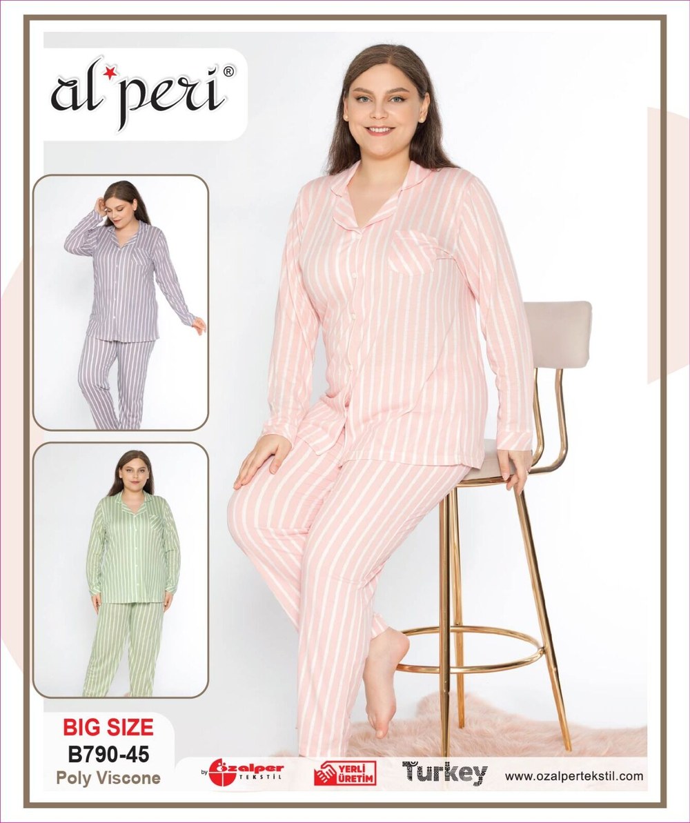 Alperi B790-45 (3XL-4XL-5XL-6XL) Bayan Viskon Uzun Kollu Pijama Takım 4'lü