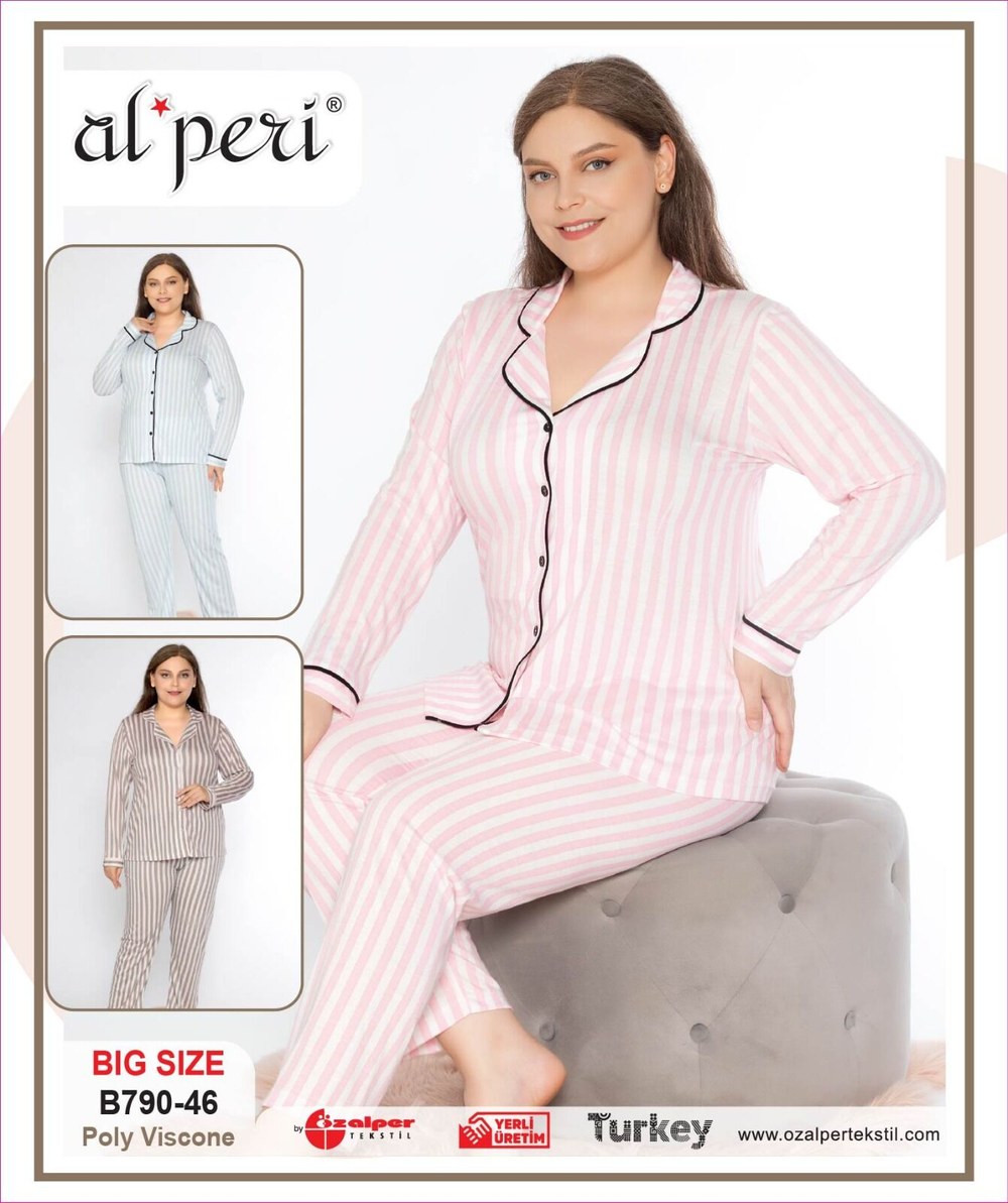 Alperi B790-46 (3XL-4XL-5XL-6XL) Bayan Viskon Uzun Kollu Pijama Takım 4'lü