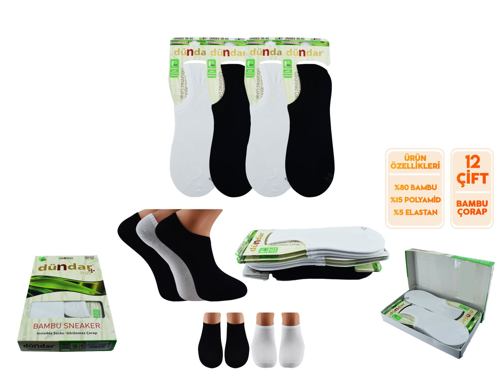 Dündar Unisex Dikişsiz Yıkamalı Kokulu Bambu Sneaker 12'li