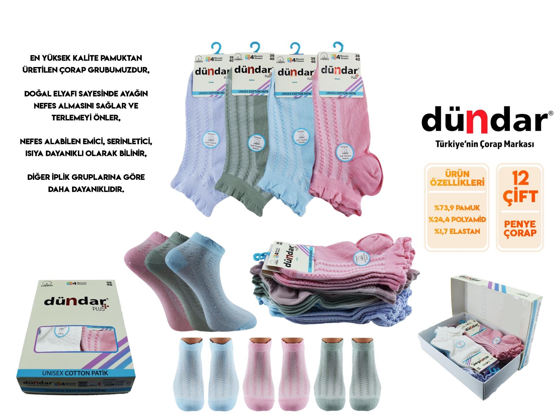 Dündar 4308-15 (36-40) Dikişsiz Yıkamalı Kokulu Bayan Penye Patik Çorap 12'li