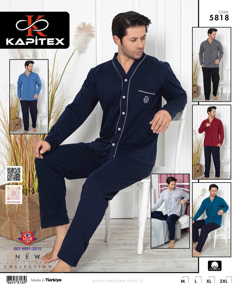 Kapitex 5818 (m-L-Xl-Xxl) Erkek Uzun Kol Boydan Düğmeli Pijama Takım 4'lü