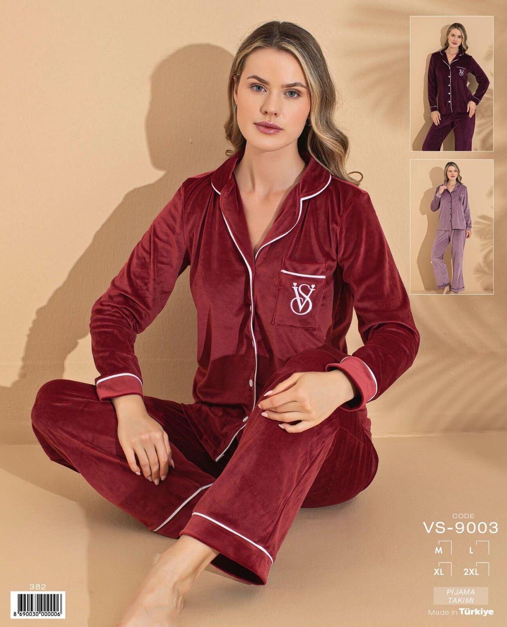 Polkan 9003 (m-L-Xl-Xxl) Kadife Uzun Kollu Boydan Düğmeli Bayan Pijama Takım 4'lü
