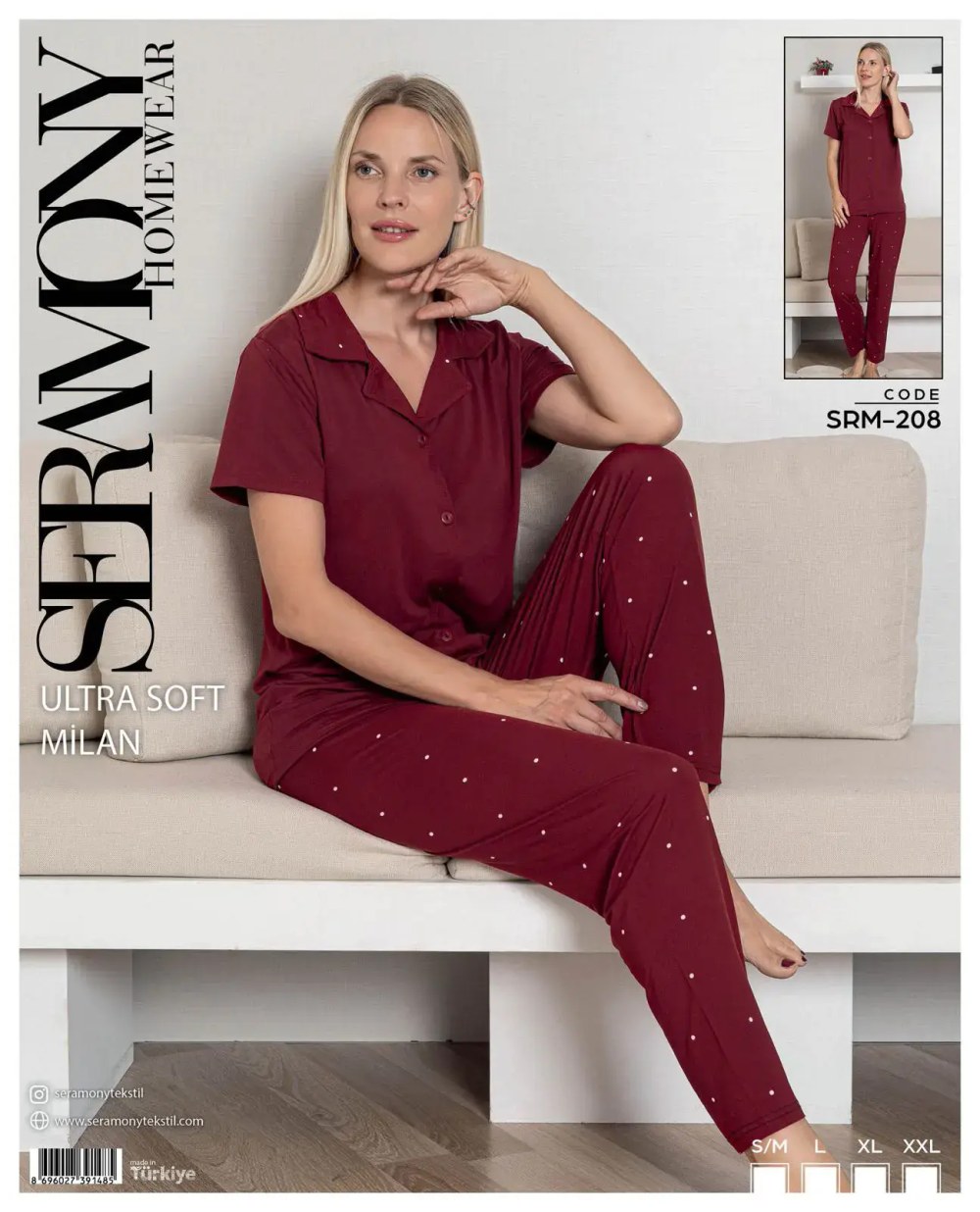 Seramony 208 (s-M-L-Xl-Xxl) Soft Milan Kısa Kollu Boydan Düğmeli Bayan Pijama Takım 4'lü