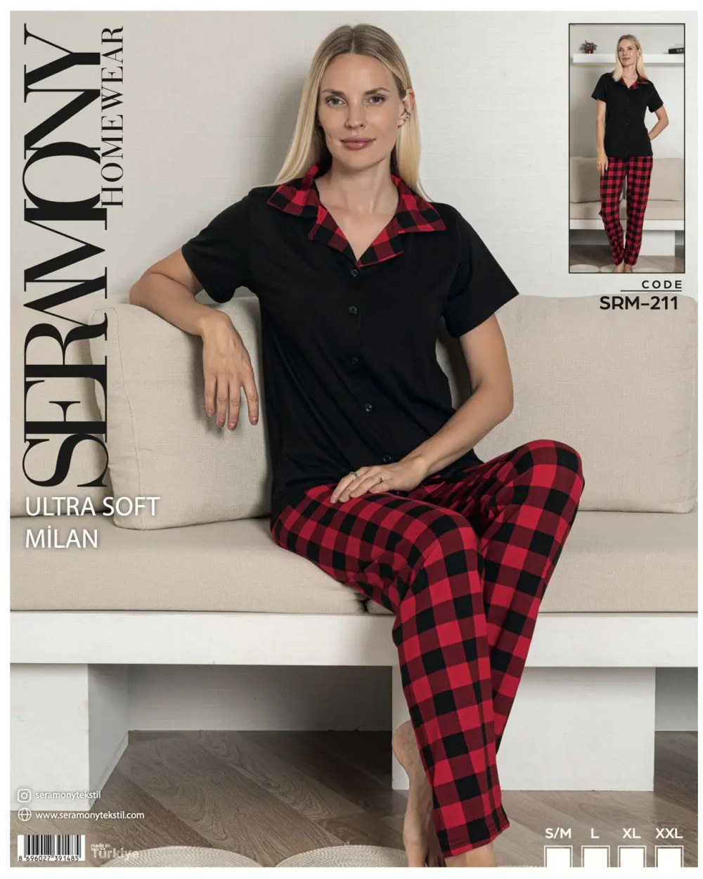 Seramony 211 (s-M-L-Xl-Xxl) Soft Milan Kısa Kollu Boydan Düğmeli Bayan Pijama Takım 4'lü
