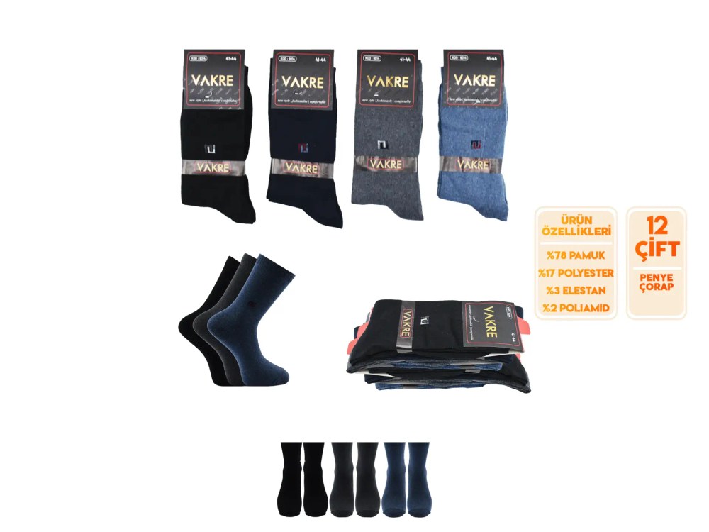 Vakre 9014-35 (41-44) Erkek Penye Likralı Çorap 12'li