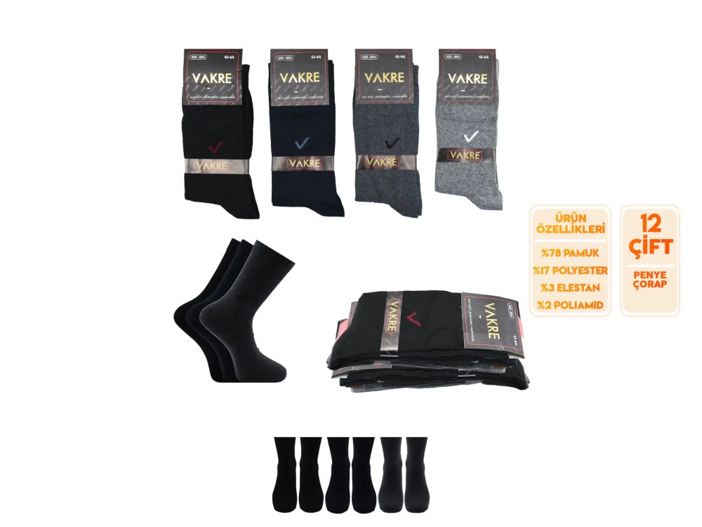 Vakre 9014-36 (41-44) Erkek Penye Likralı Çorap 12'li