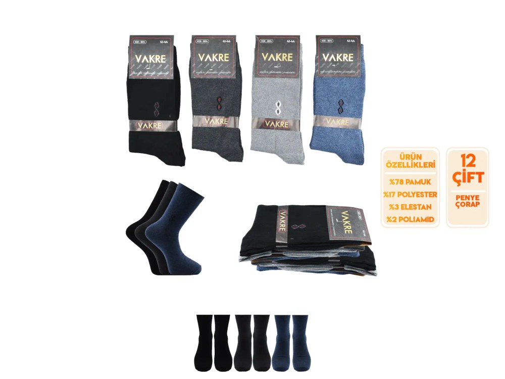 Vakre 9014-38 (41-44) Erkek Penye Likralı Çorap 12'li