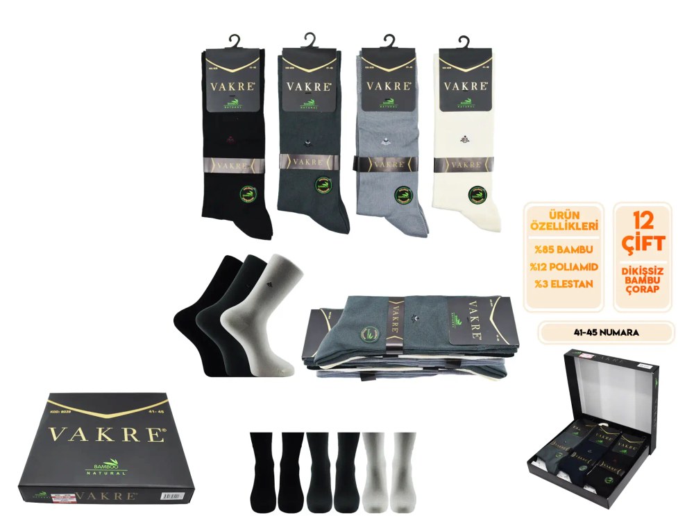 Vakre 9038 (41-45 No) Dikişsiz Erkek Bambu Çorap 12'li