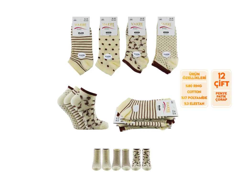 Vakre 9328-26 (36-40) Bayan Penye Patik Çorap 12'li