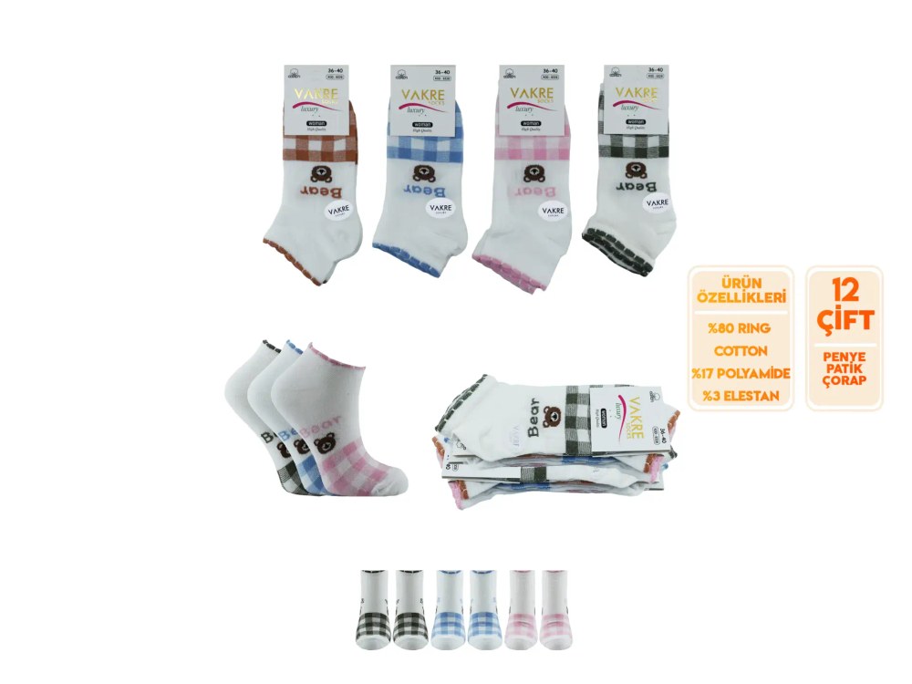 Vakre 9328-28 (36-40) Bayan Penye Patik Çorap 12'li