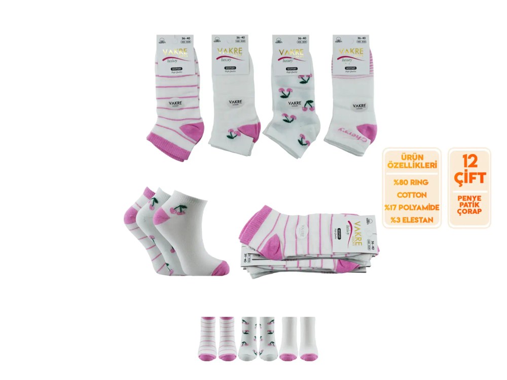 Vakre 9328-32 (36-40) Bayan Penye Patik Çorap 12'li