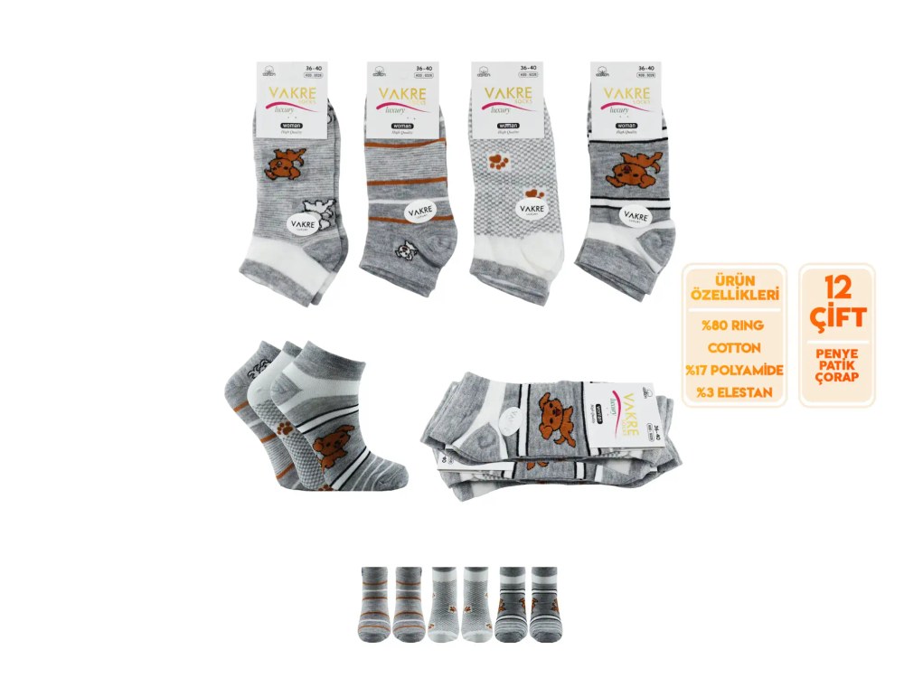 Vakre 9328-34 (36-40) Bayan Penye Patik Çorap 12'li