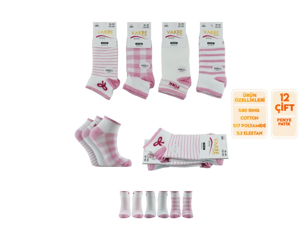 Vakre 9328-44 (36-40) Bayan Penye Patik Çorap 12'li