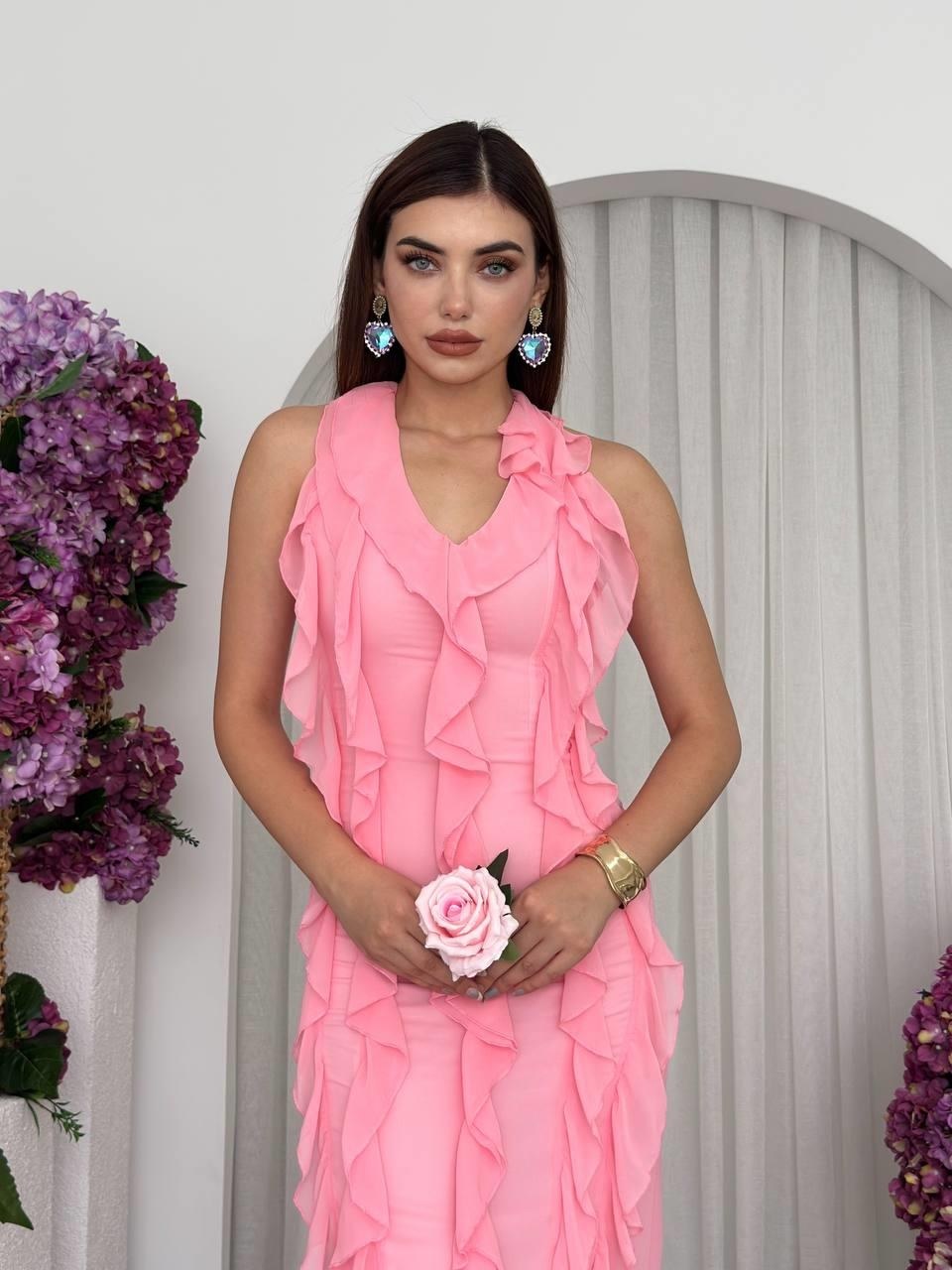 Lea Fırfırlı Elbise ETK-00690-pembe