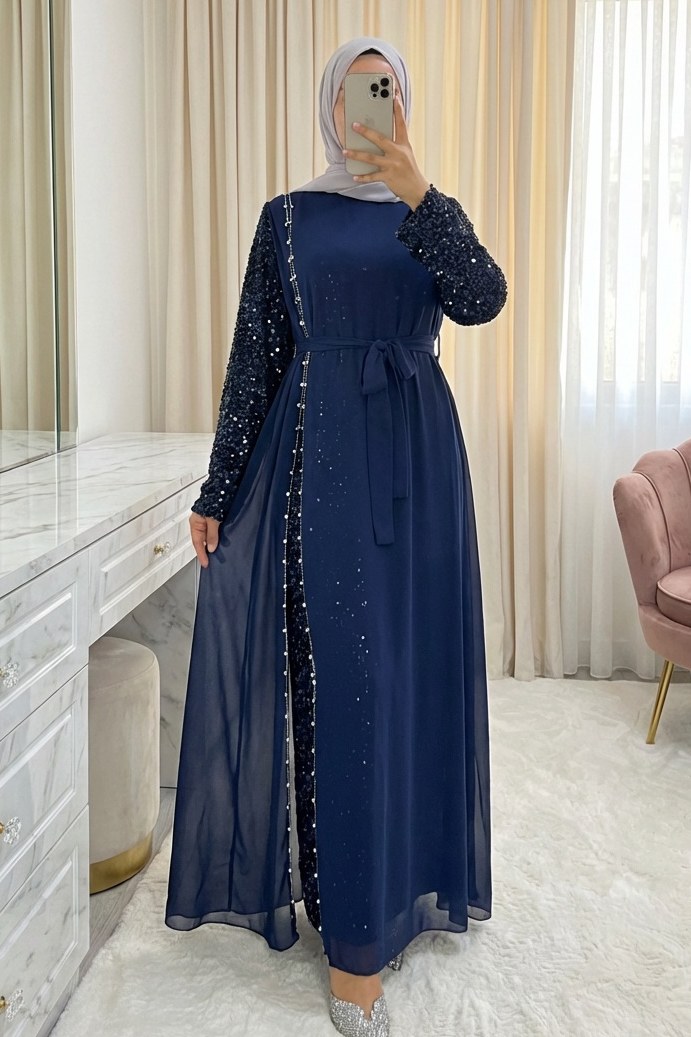 Kolları Pul Payet Kemerli Şifon Abiye -Laci