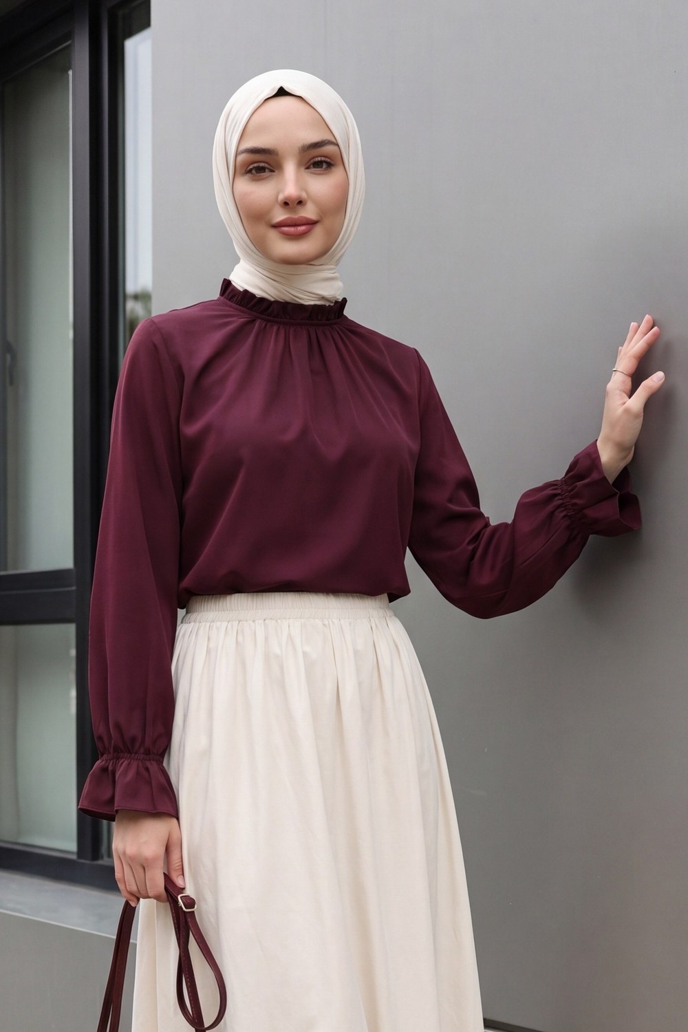 Yakası Büzgülü Bluz -Mürdüm