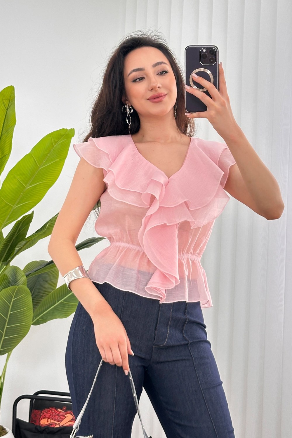 Fırfırlı Beli Lastikli Toptan Pembe Bluz Pembe