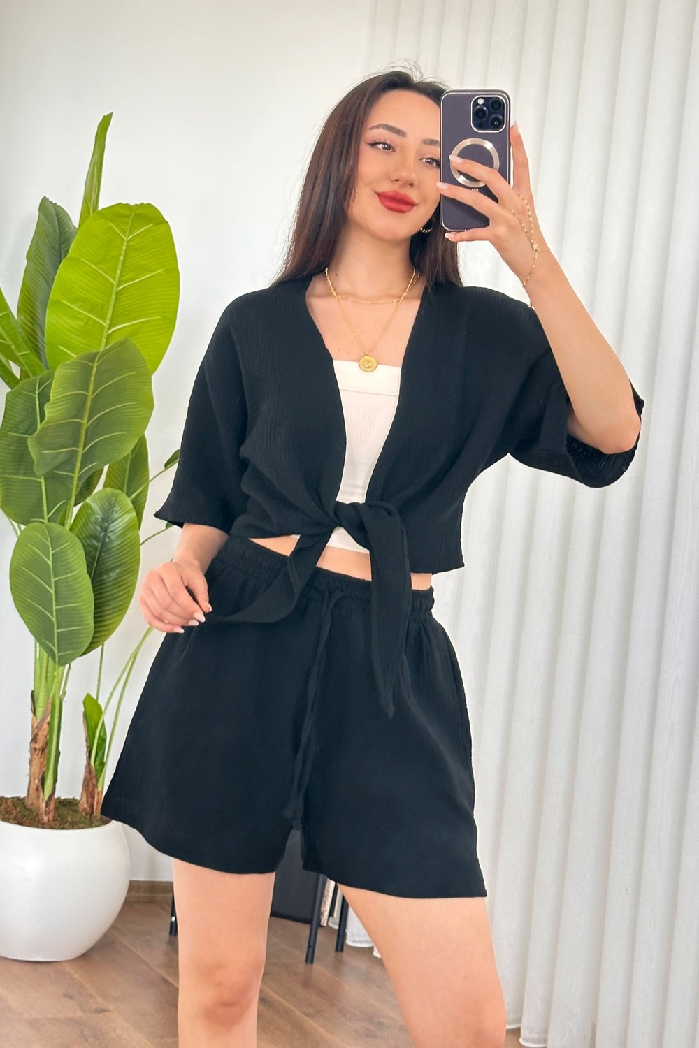 Müslin Önden Bağlamalı Kısa Model Toptan Siyah Kimono Siyah