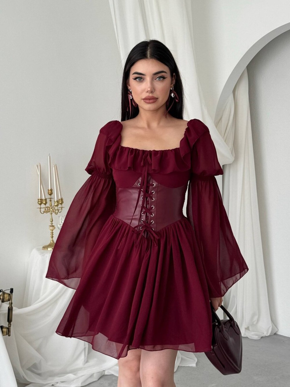 Joy Deri Korsaj Detaylı Elbise ETK-01043-bordo
