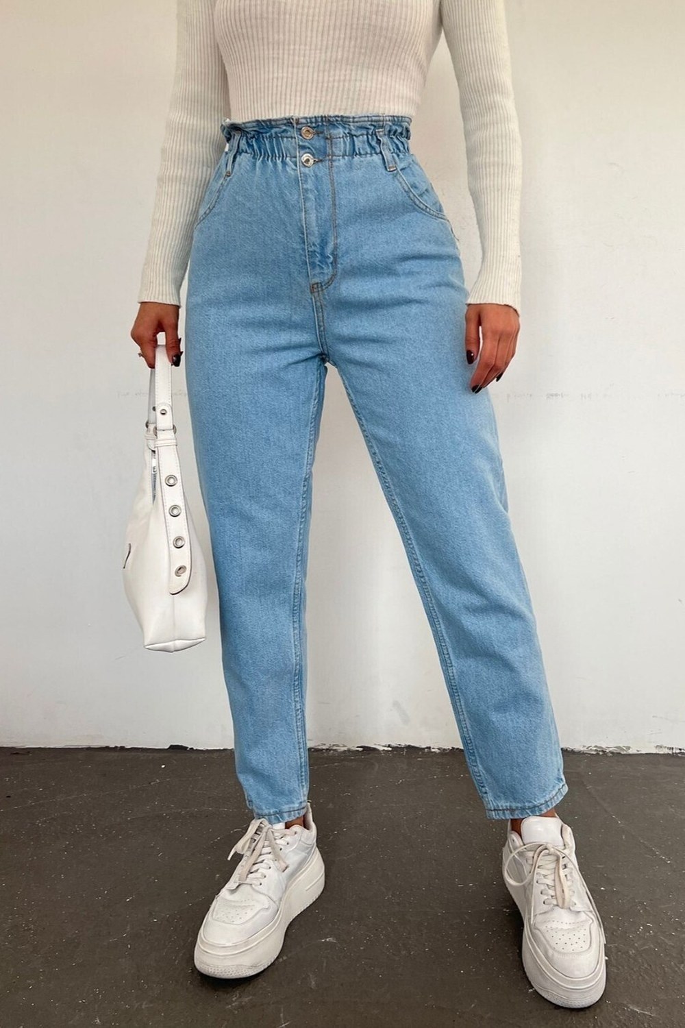 Beli Lastikli Yüksek Bel Kot Pantolon -Açık Mavi