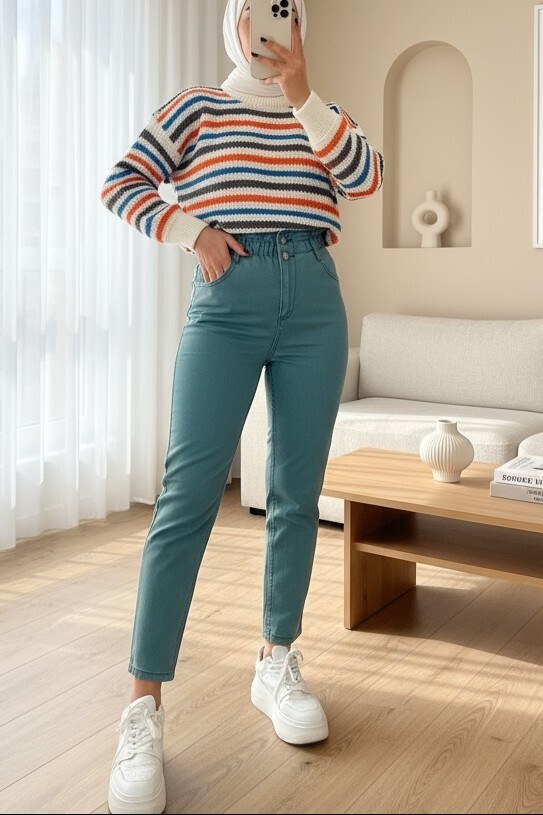 Beli Lastikli Yüksek Bel Kot Pantolon -Mint