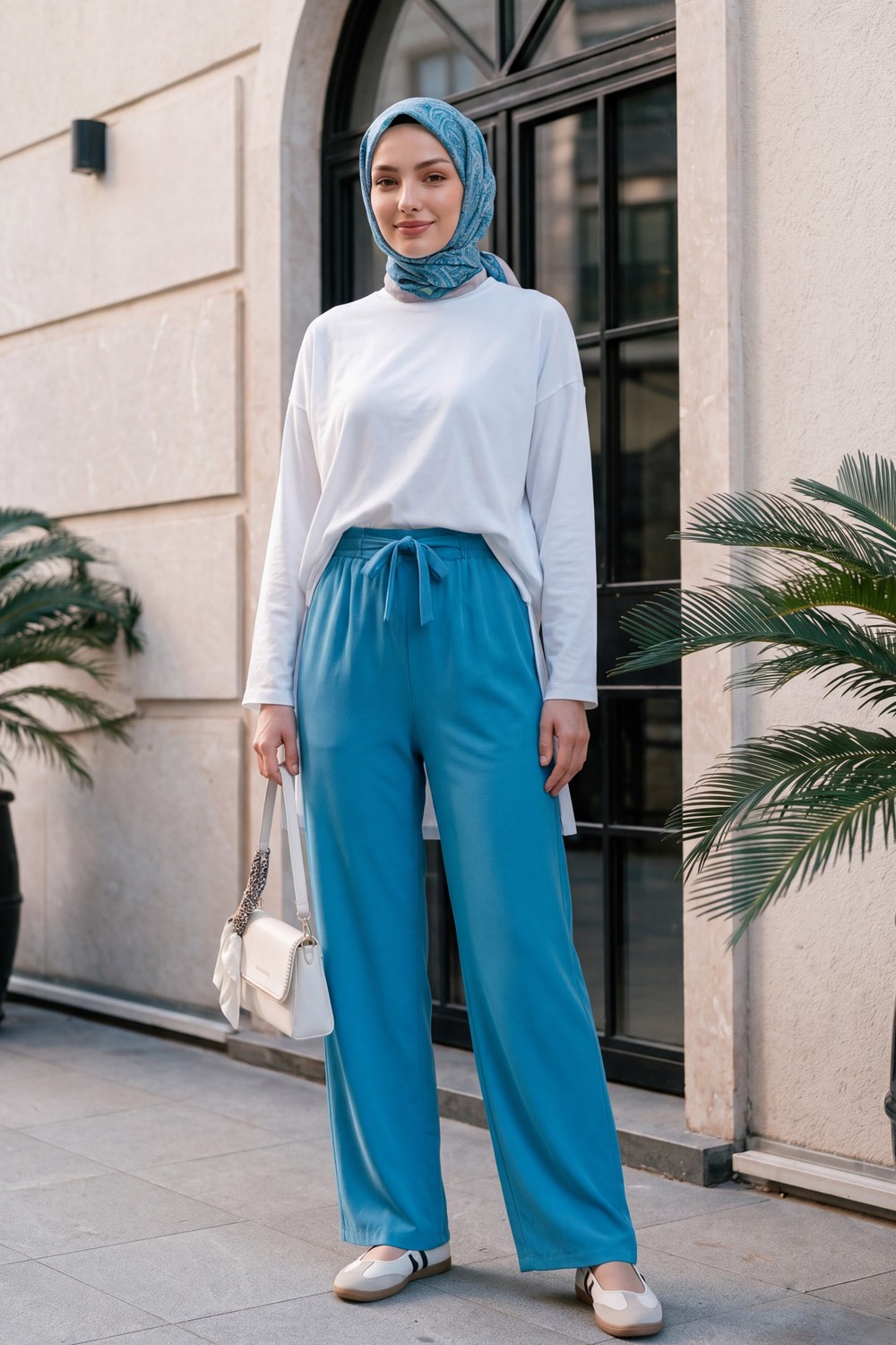Beli Bağcıklı Double Bol Paça Pantolon -Mavi