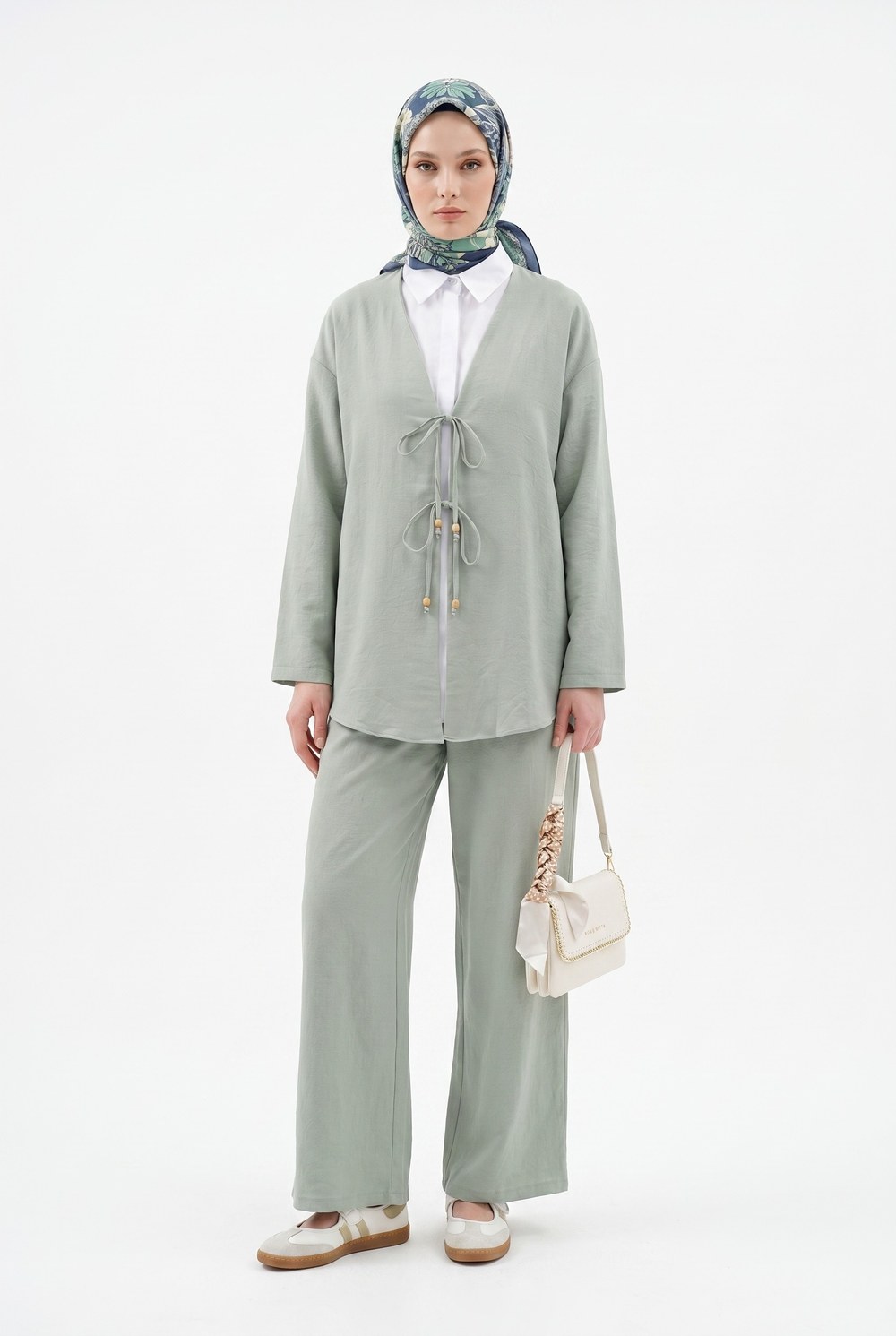 Önü Çift Bağlamalı Pantolonlu Kimono Takım -Mint
