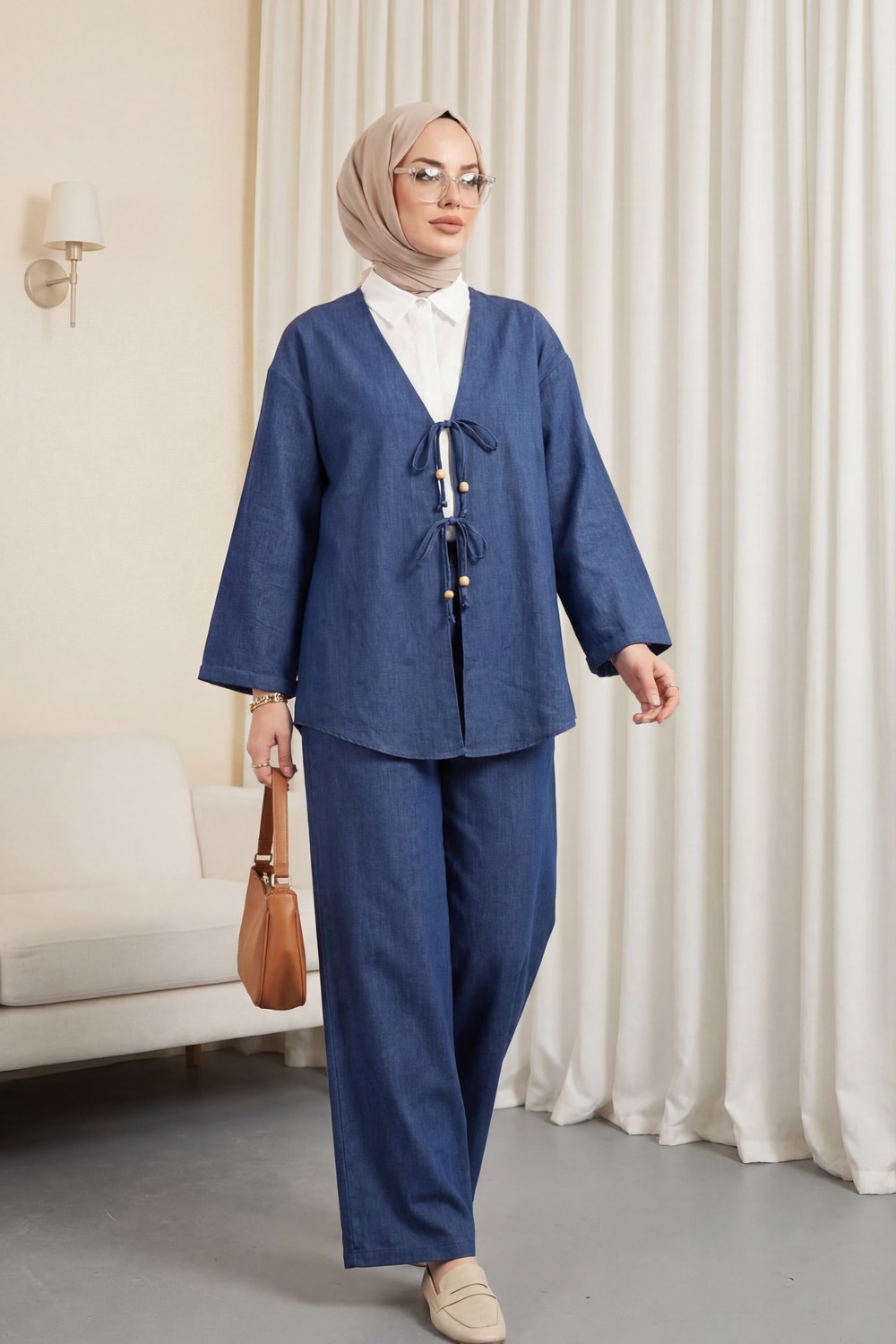 Önü Çift Bağlamalı Pantolonlu Kimono Takım -İndigo