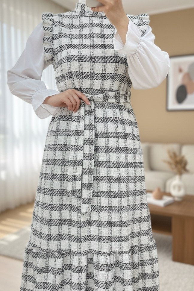 Kolları Fırfırlı Kemerli Tuvit Jile -Ekru